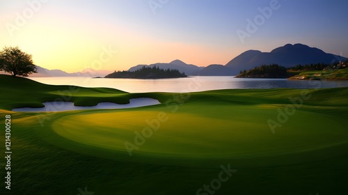 A beautiful golf course, with water features and mountains in the background during sunset