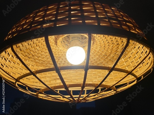 Closeup of a basket like lamp with light photo