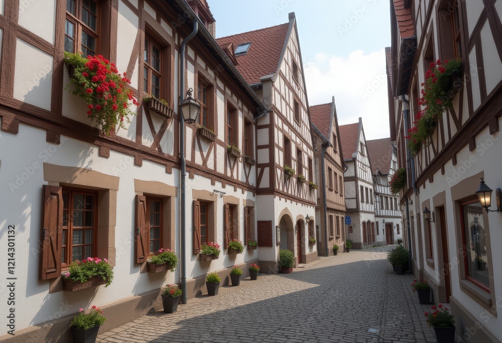 Narrow cobblestone street with half-timbered houses Narrow cobblestone street with half-timbered houses