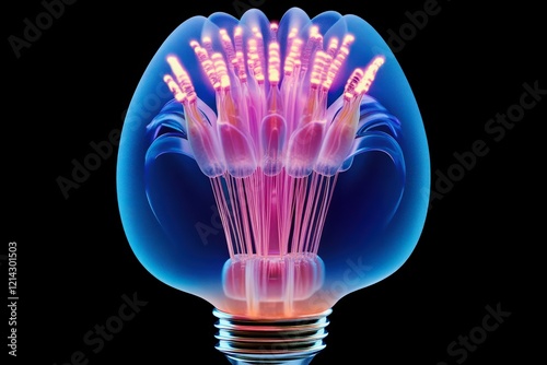 The glowing interior of a lightbulb, with intricate filaments captured in detail