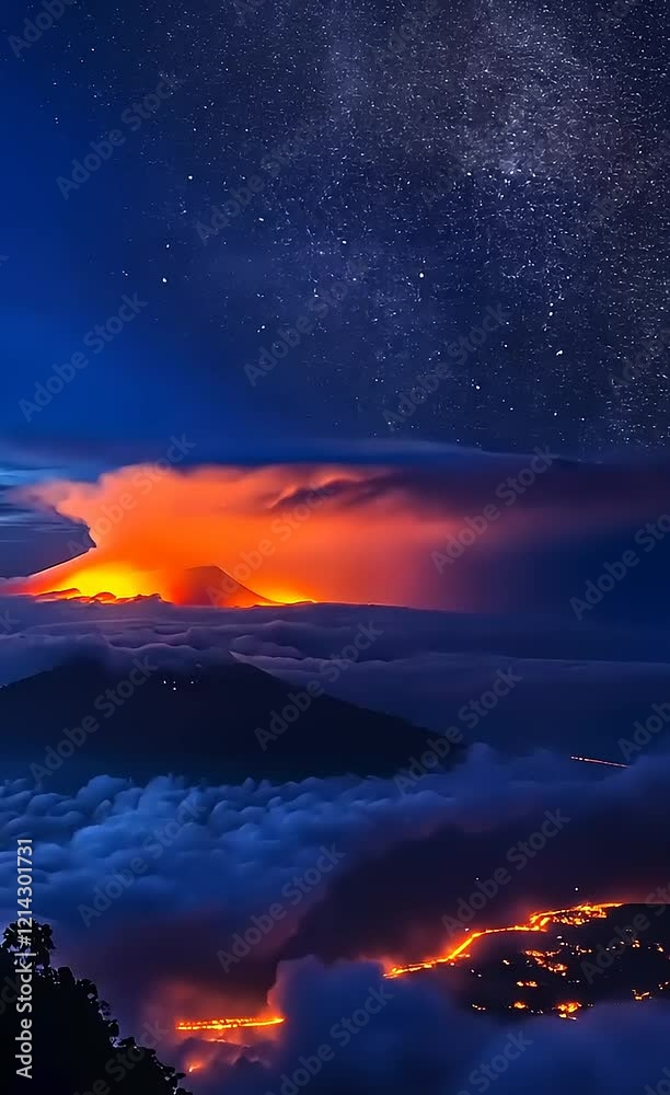 Erupting Volcano at Night with Starry Sky and City Lights Below Erupting Volcano at Night with Starry Sky and City Lights Below