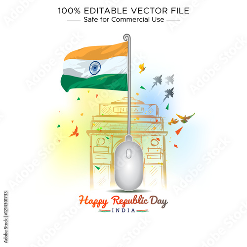 Sketch drawing monument of India gate and Tricolor flag with Computer mouse. Happy Republic Day freedom festival concept.