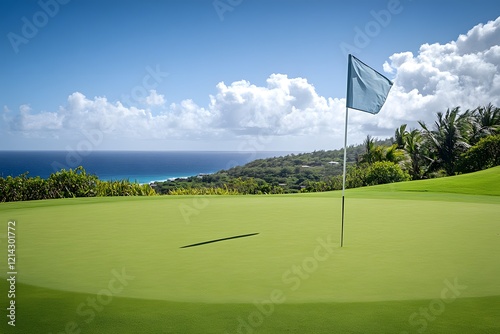 A beautiful wide shot of the green on an open golf course with the sea in the background. A blue flag stick is visible on hole number one. The sky is a clear blue