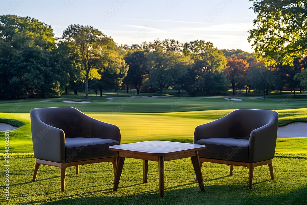 Fototapeta premium A photograph depicting two chairs and a table on a golf course, with green color elements