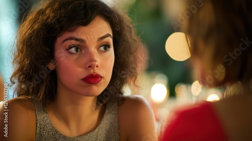 A woman with a pouty expression watching another woman receive compliments at a party.