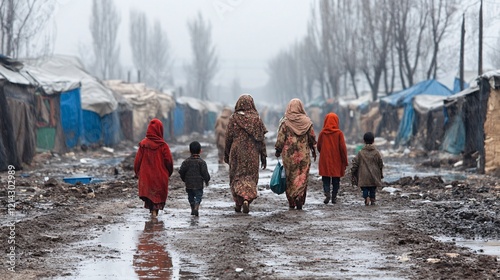 A group of people walks through a muddy refugee camp during rainfall, surrounded by makeshift tents and barren trees, showcasing resilience in harsh living conditions

