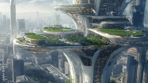 A futuristic vertical farm producing crops in a multi-layered indoor facility