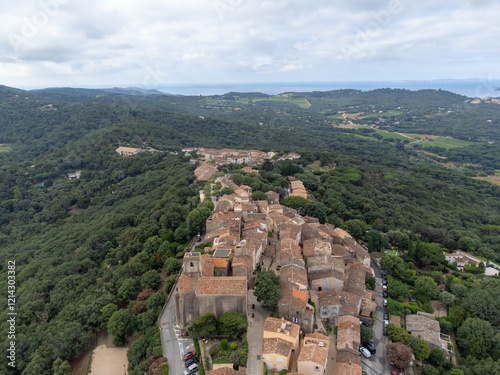 Landscape of French Riviera, view on hills, houses and green vineyards from above Cotes de Provence, production of rose wine near Saint-Tropez and Pampelonne beach, Var, France photo