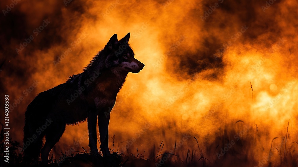 Naklejka premium Silhouetted wolf against fiery sunset background.