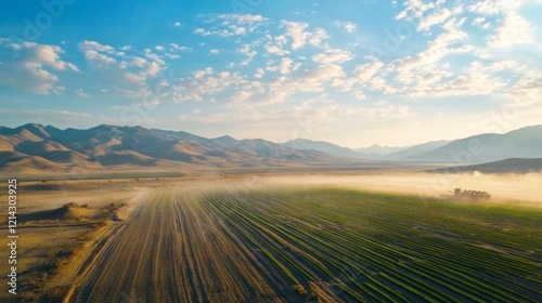 A large-scale irrigation system watering crops in a semi-arid region