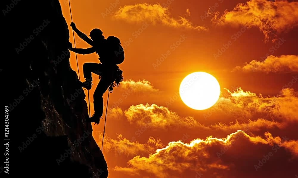 Climber scaling a rocky cliff against a vibrant sunset, showcasing determination and adventure in nature's beauty Climber scaling a rocky cliff against a vibrant sunset, showcasing determination and adventure in nature's beauty