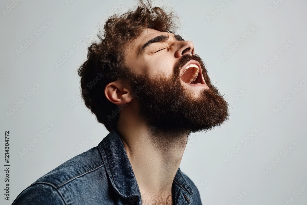 Bearded Man with Curly Hair Openly Shouting Bearded Man with Curly Hair Openly Shouting