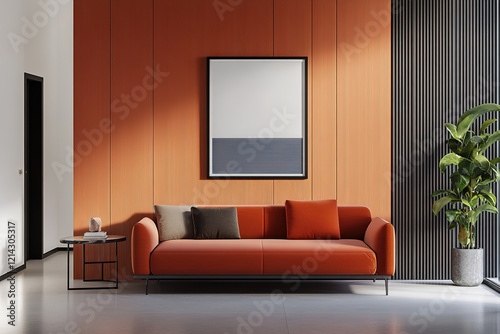 minimal design appartment, a wall with a picture frame, modern living-room, colourful furniture, perpendicular