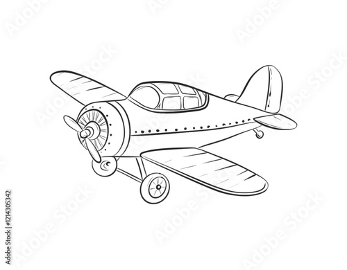 Hand-Drawn Vintage Propeller Airplane Line Art Illustration in Black and White