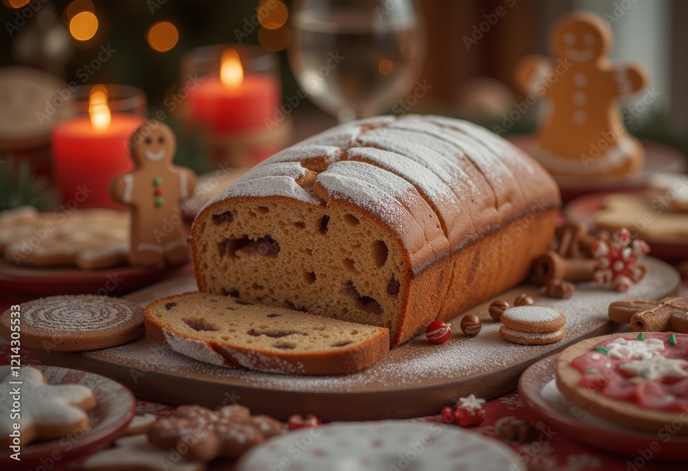 Festive Holiday Bread with Powdered Sugar and Decorative Christmas Cookies on a Cozy Candlelit Table Setting Festive Holiday Bread with Powdered Sugar and Decorative Christmas Cookies on a Cozy Candlelit Table Setting