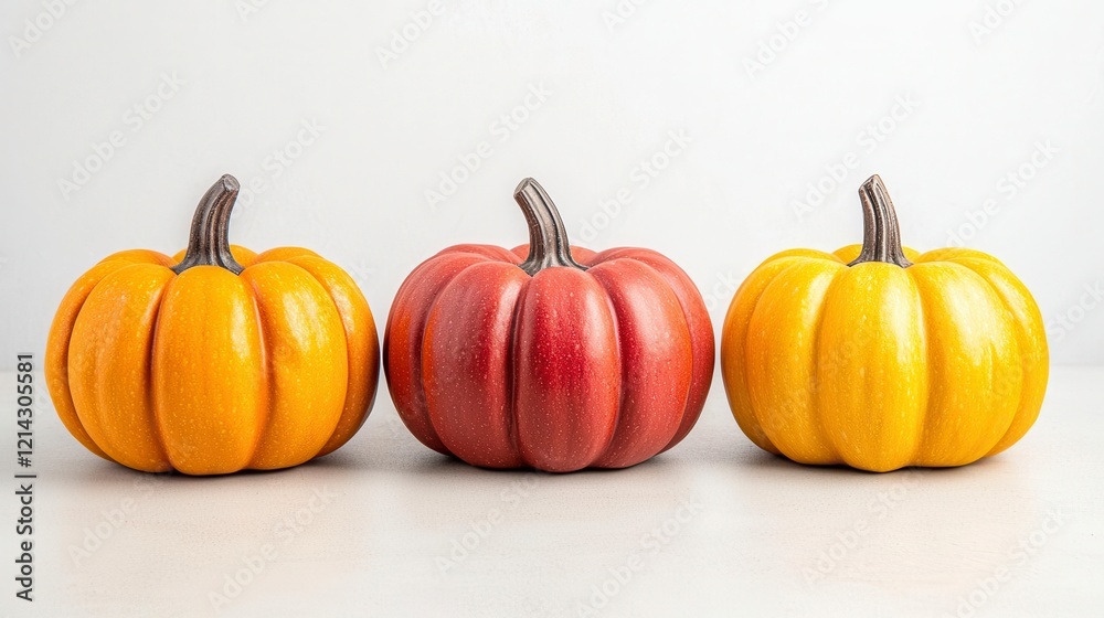 Fototapeta premium A photostock of small pumpkins in vibrant orange hues paired with pastel tones, placed on a neutral beige background for autumn themes. High Quality