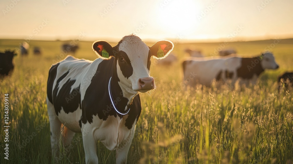 A modern cattle ranch with smart collars monitoring the health of the livestock A modern cattle ranch with smart collars monitoring the health of the livestock