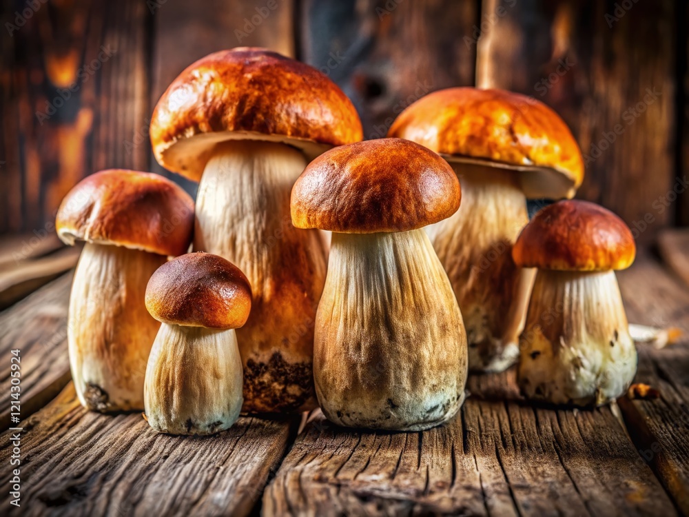 Fresh Porcini Mushrooms on Rustic Wooden Background - Gourmet Edible Fungi Fresh Porcini Mushrooms on Rustic Wooden Background - Gourmet Edible Fungi