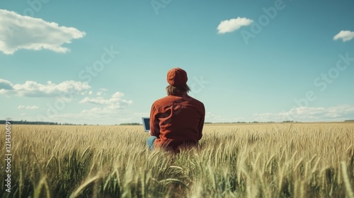 A tech-savvy farmer using a tablet to monitor crop health in a vast field