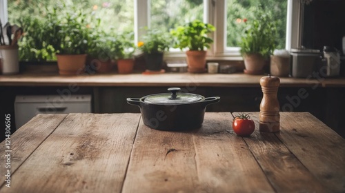 Rustic kitchen table with black pot, tomato, pepper mill, and herbs in window background. © musa