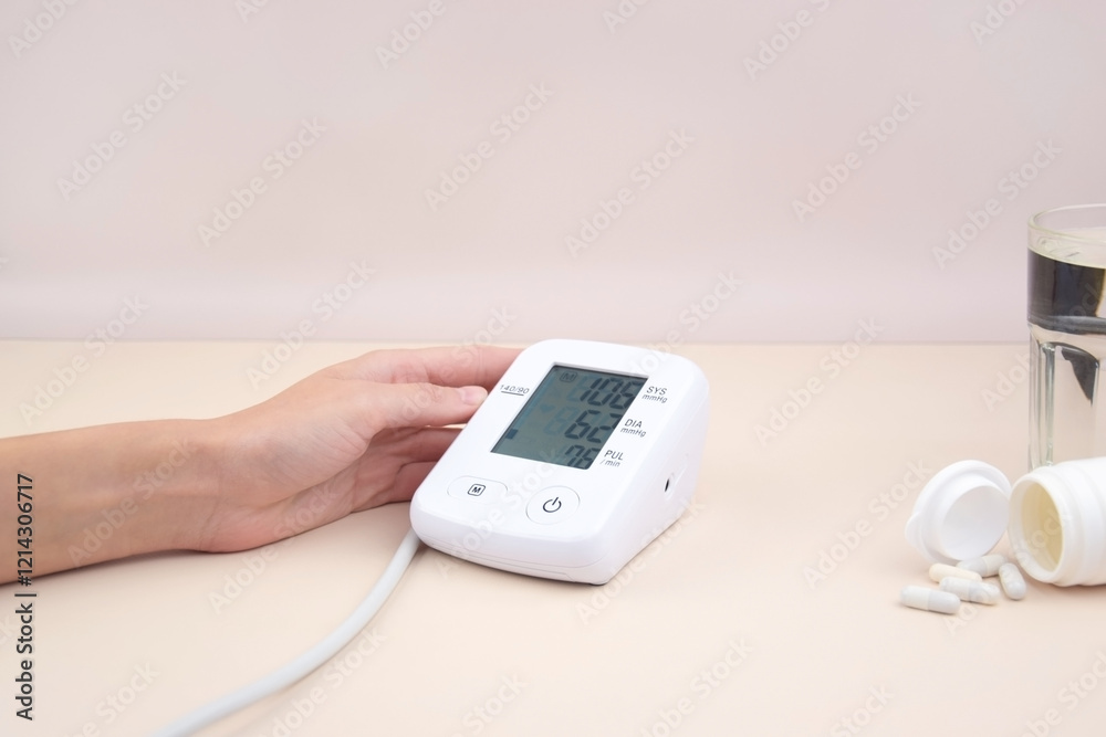 Digital blood pressure tonometer and pack of pills on a light background with copy space. Digital blood pressure tonometer and pack of pills on a light background with copy space.