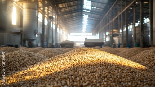 A warehouse filled with freshly harvested grains being processed for packaging