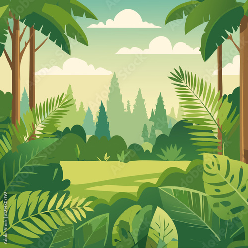 Tropical forest with palm and ferns