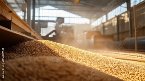 A warehouse filled with freshly harvested grains being processed for packaging