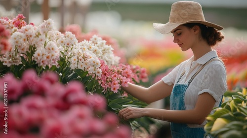 A woman farmer inspecting a row of blooming flowers in a commercial nursery