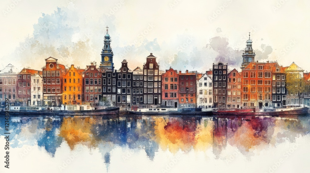Obraz premium A city line of Amsterdam in watercolors