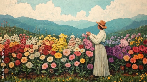 A woman farmer inspecting a row of blooming flowers in a commercial nursery