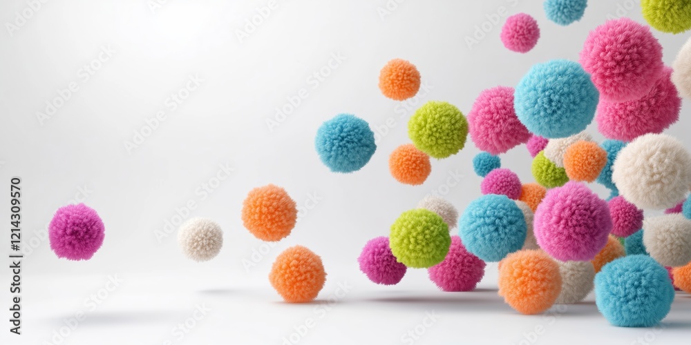 Many colorful fluffy balls drop on a white studio background. Fluffy, vibrant balls appear to float gracefully in the air above a smooth surface. Playful fluffy balls abstract background. Many colorful fluffy balls drop on a white studio background. Fluffy, vibrant balls appear to float gracefully in the air above a smooth surface. Playful fluffy balls abstract background.