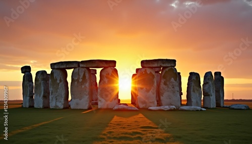 Stonehenge at sunrise with sun rays through ancient stones.