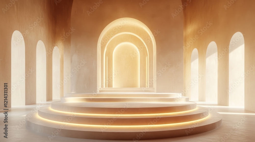 Fototapeta premium Luminous Archway Interior with Circular Podium