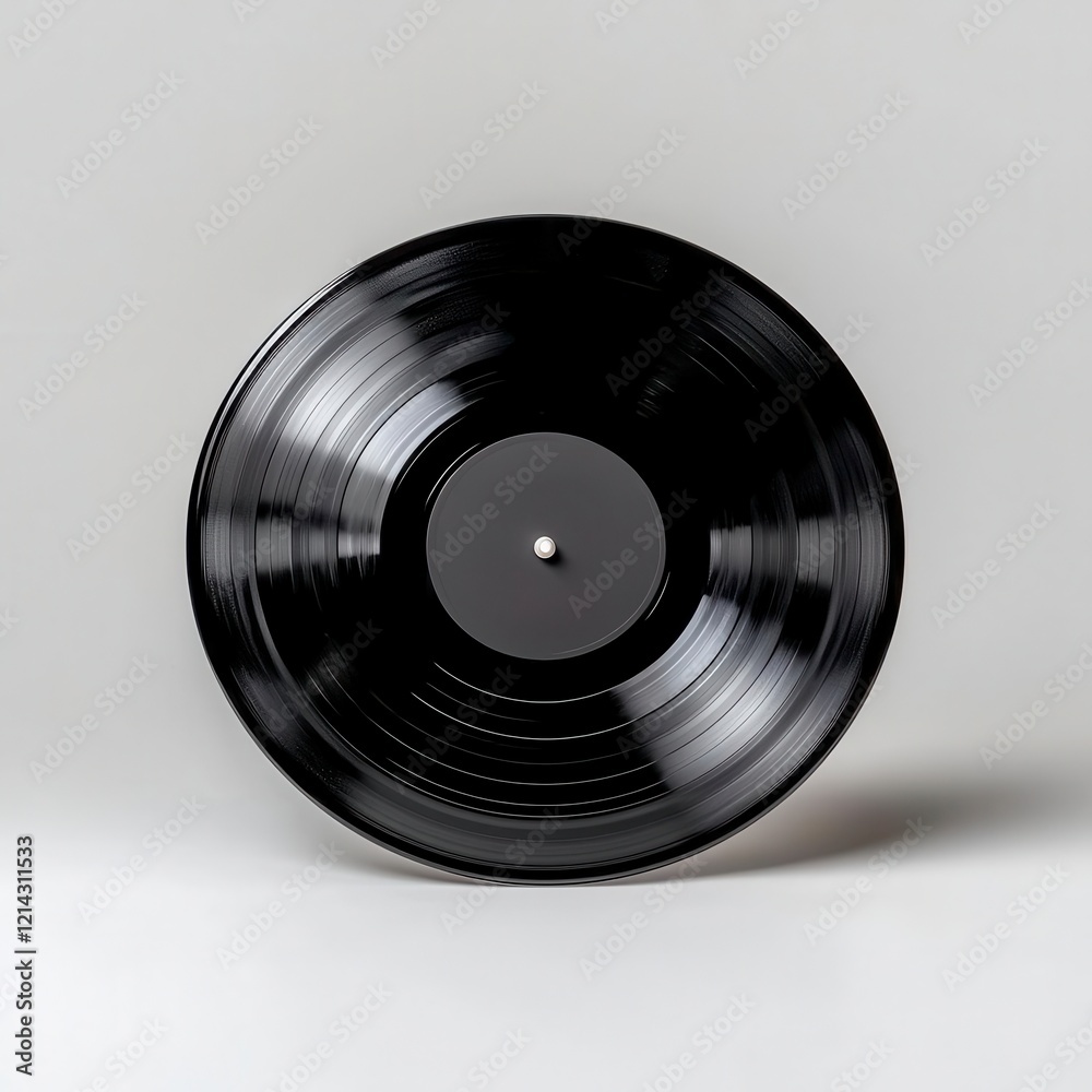 A photostock of a classic black vinyl record with visible grooves, lying flat on a white background, representing music and retro vibes. High Quality