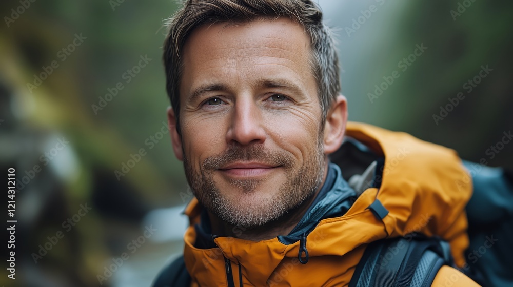 Smiling Man in Bright Gear Enjoying Nature and Adventure Outdoors Smiling Man in Bright Gear Enjoying Nature and Adventure Outdoors