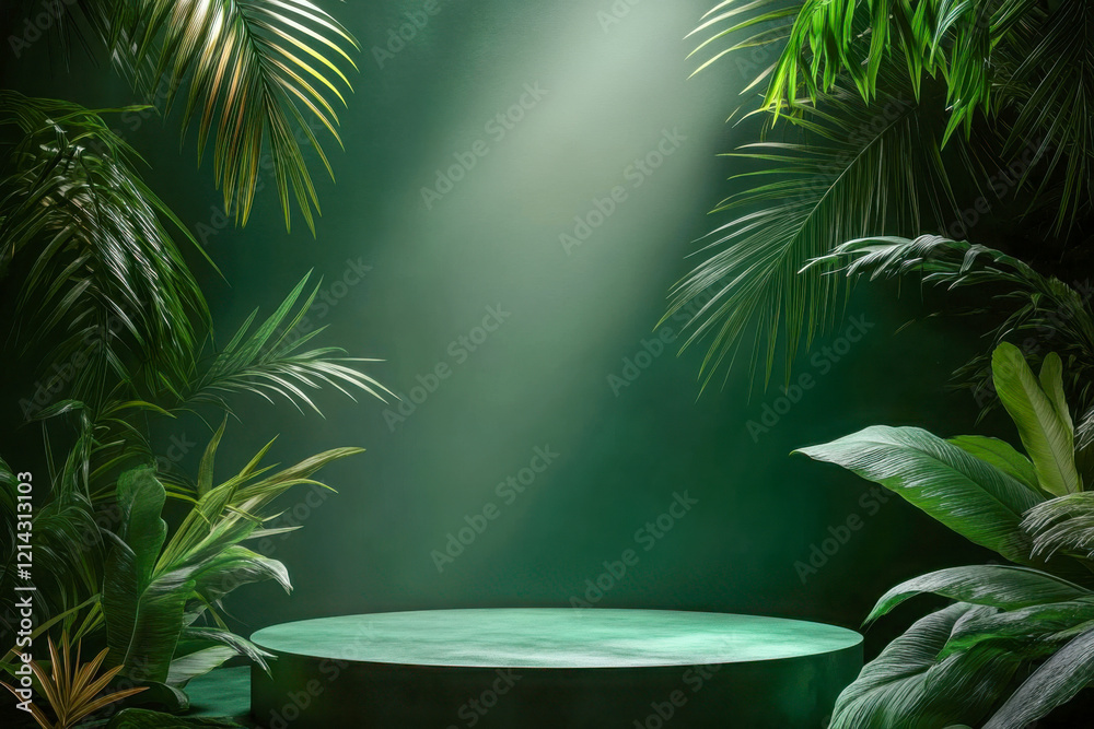 An ornate podium rests under a single spotlight, embraced by vibrant palm leaves against a rich green backdrop, creating an alluring, mysterious atmosphere perfect for events. An ornate podium rests under a single spotlight, embraced by vibrant palm leaves against a rich green backdrop, creating an alluring, mysterious atmosphere perfect for events.
