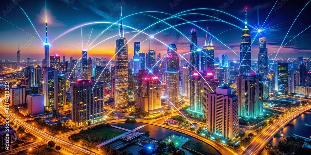 custom made wallpaper toronto digitalFuturistic Drone View: AI-Powered Smart City, Big Data Network, Illuminated Skyscrapers