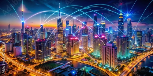 Wallpaper Mural Futuristic Drone View: AI-Powered Smart City, Big Data Network, Illuminated Skyscrapers Torontodigital.ca