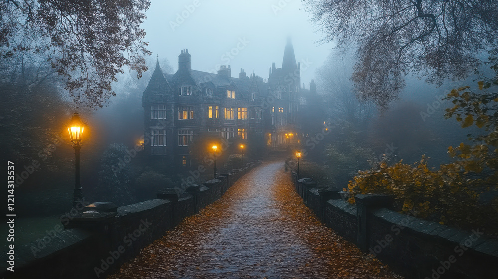 Obraz premium A Victorian town street at night is cloaked in dense fog, illuminated by bright street lamps that cast a ghostly glow, enhancing the mysterious and cinematic mood of the scene.