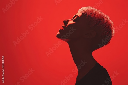 Woman with Short Hair Silhouetted Against Red Background