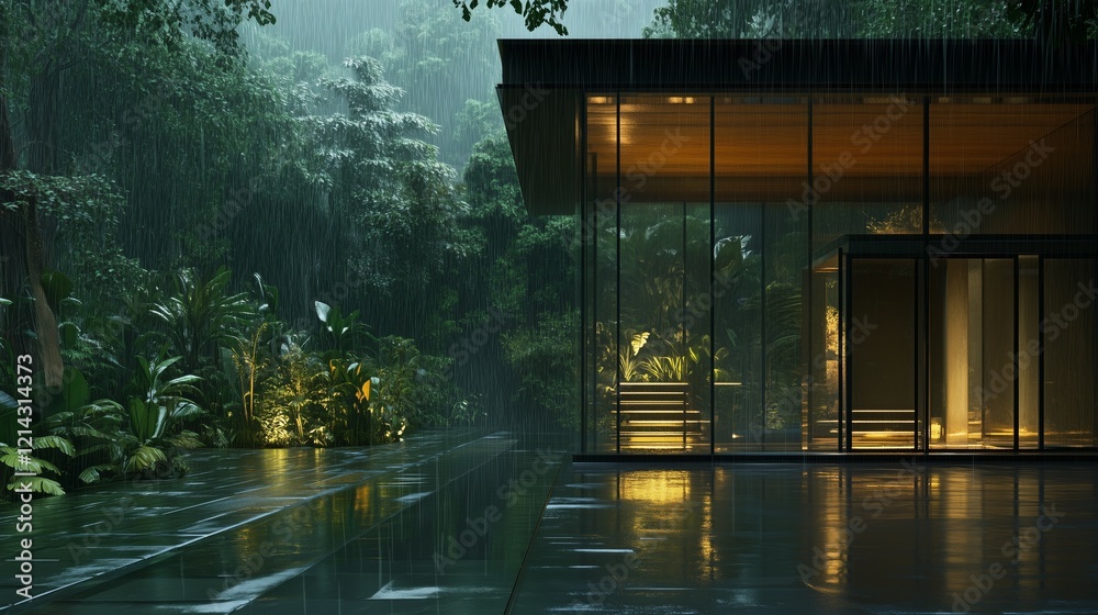 Fototapeta premium A house with a porch and a garden in front of it. The porch is wet and the garden is also wet