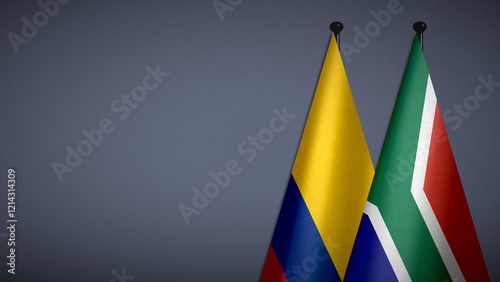 3D rendering of two flag from Colombia and South Africa on flagpoles with Gray background for diplomatic. bilateral relations. peace and conflict between countries. Fabric