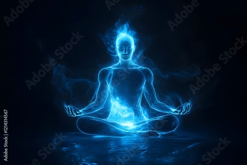 A hologram of an ethereal being meditating, glowing with blue light against a black background, representing the mind's connection to inner peace and enlightenment photo