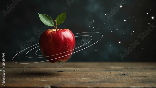 Apple spins gracefully with a backdrop of swirling circles in a surreal setting photo