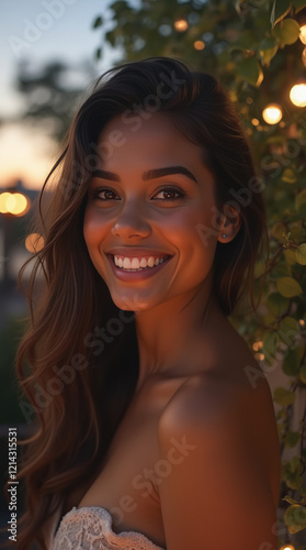 Rooftop Garden at Dusk – An Extreme Close-Up Portrait of a Latina Woman, Her Eyes Conveying a Deep Sense of Contemplation
