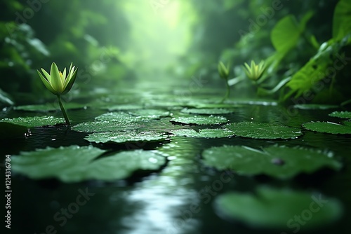 Lush green jungle stream with water lilies. photo