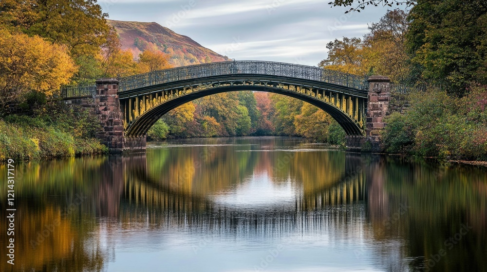 Elegant iron bridge spanning across a calm river with a scenic natural backdrop, no people Elegant iron bridge spanning across a calm river with a scenic natural backdrop, no people
