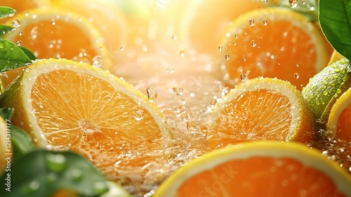 Vibrant Oranges Cascading with Water Splash Creating a Refreshing and Energetic Scene Symbolizing Freshness and Vitality in a Bright and Invigorating Natural Setting