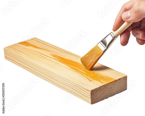 hand holding brush applies varnish to wooden plank, showcasing craftsmanship and attention to detail. This captures essence of woodworking and DIY projects